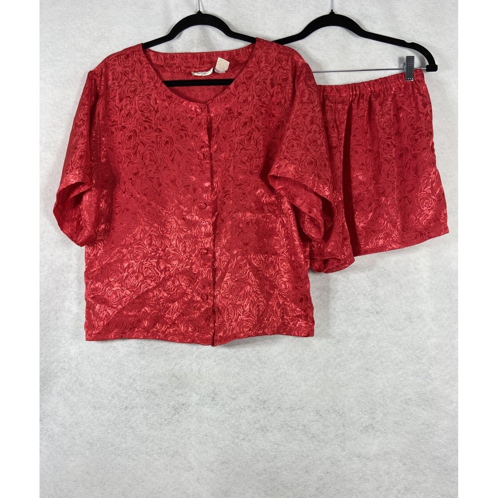 Vintage Victoria's Secret Pajama Short Set Women's Large Red Gold Label Satin